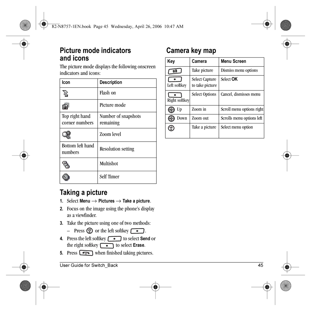 Kyocera K612 manual Picture mode indicators and icons, Taking a picture, Camera key map 