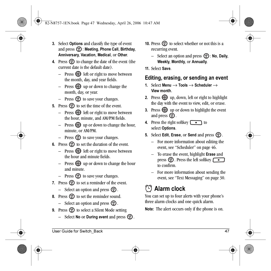 Kyocera K612 manual Alarm clock, Editing, erasing, or sending an event 