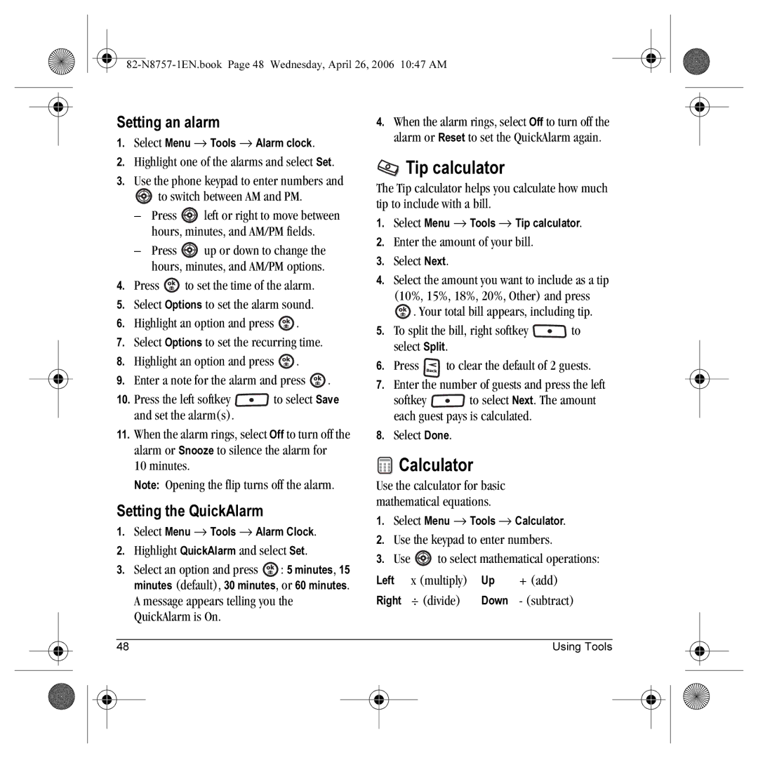 Kyocera K612 manual Tip calculator, Calculator, Setting an alarm, Setting the QuickAlarm 