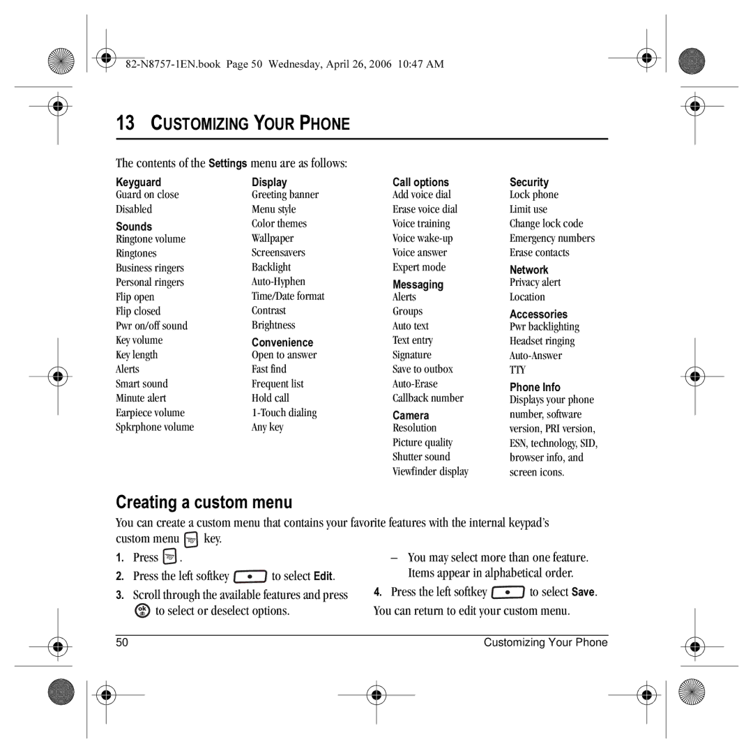 Kyocera K612 manual Creating a custom menu, Customizing Your Phone, Contents of the Settings menu are as follows 