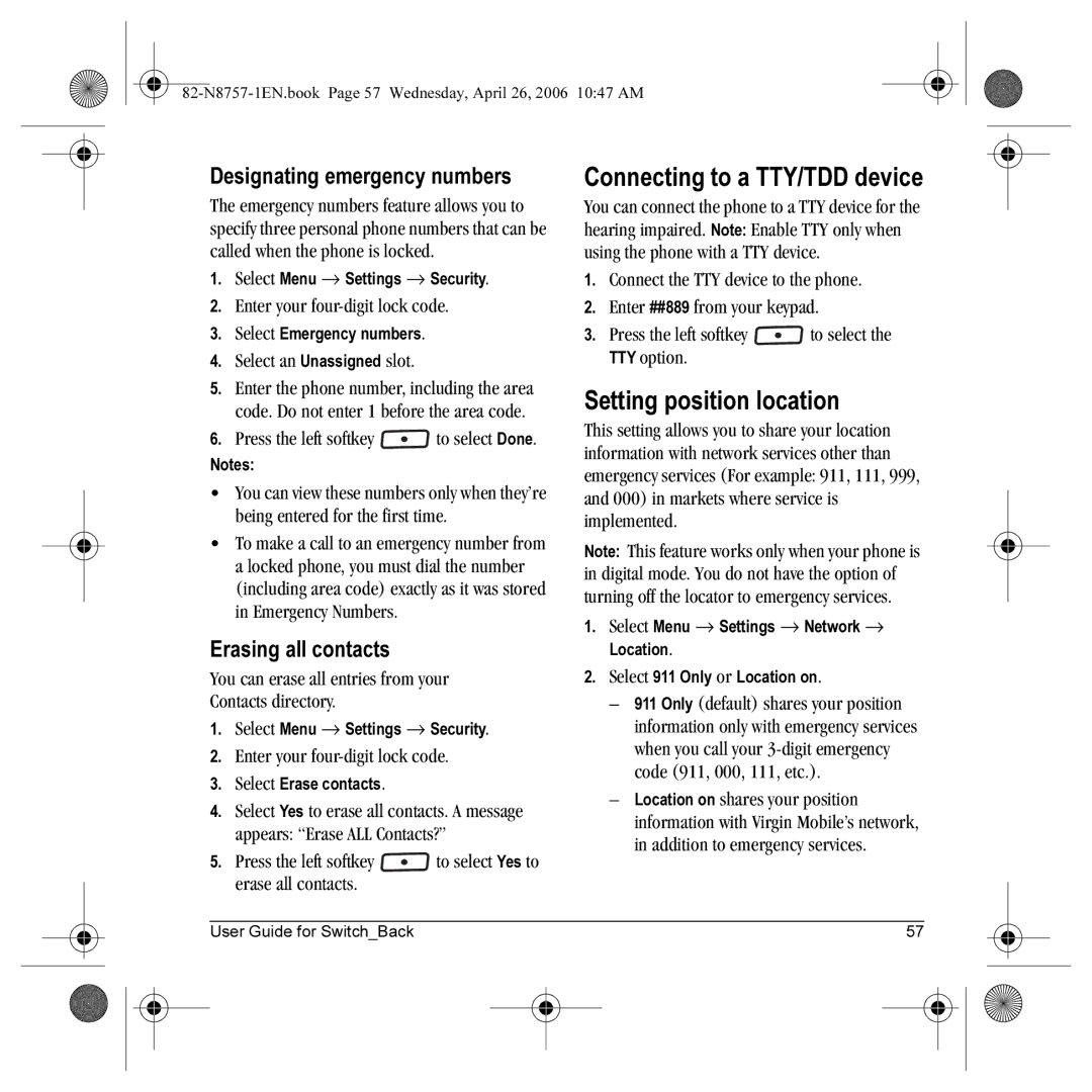 Kyocera K612 manual Connecting to a TTY/TDD device, Setting position location, Designating emergency numbers 