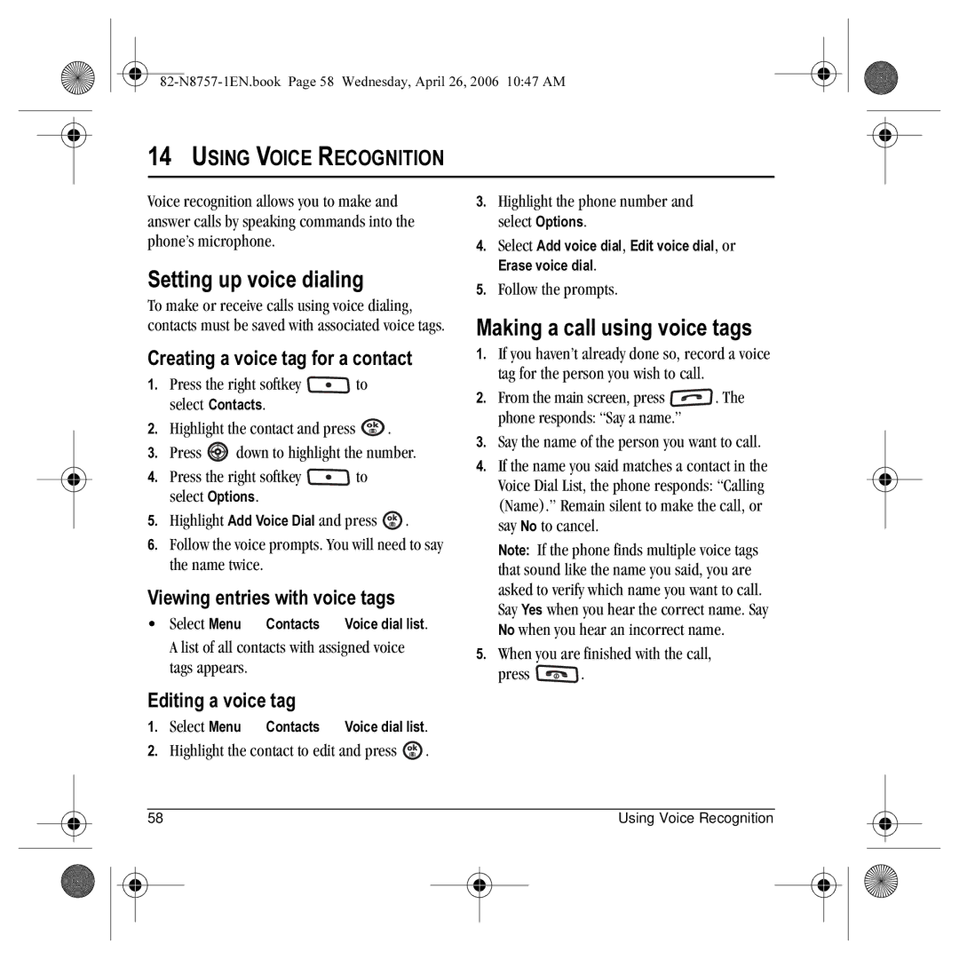 Kyocera K612 manual Setting up voice dialing, Making a call using voice tags, Using Voice Recognition 