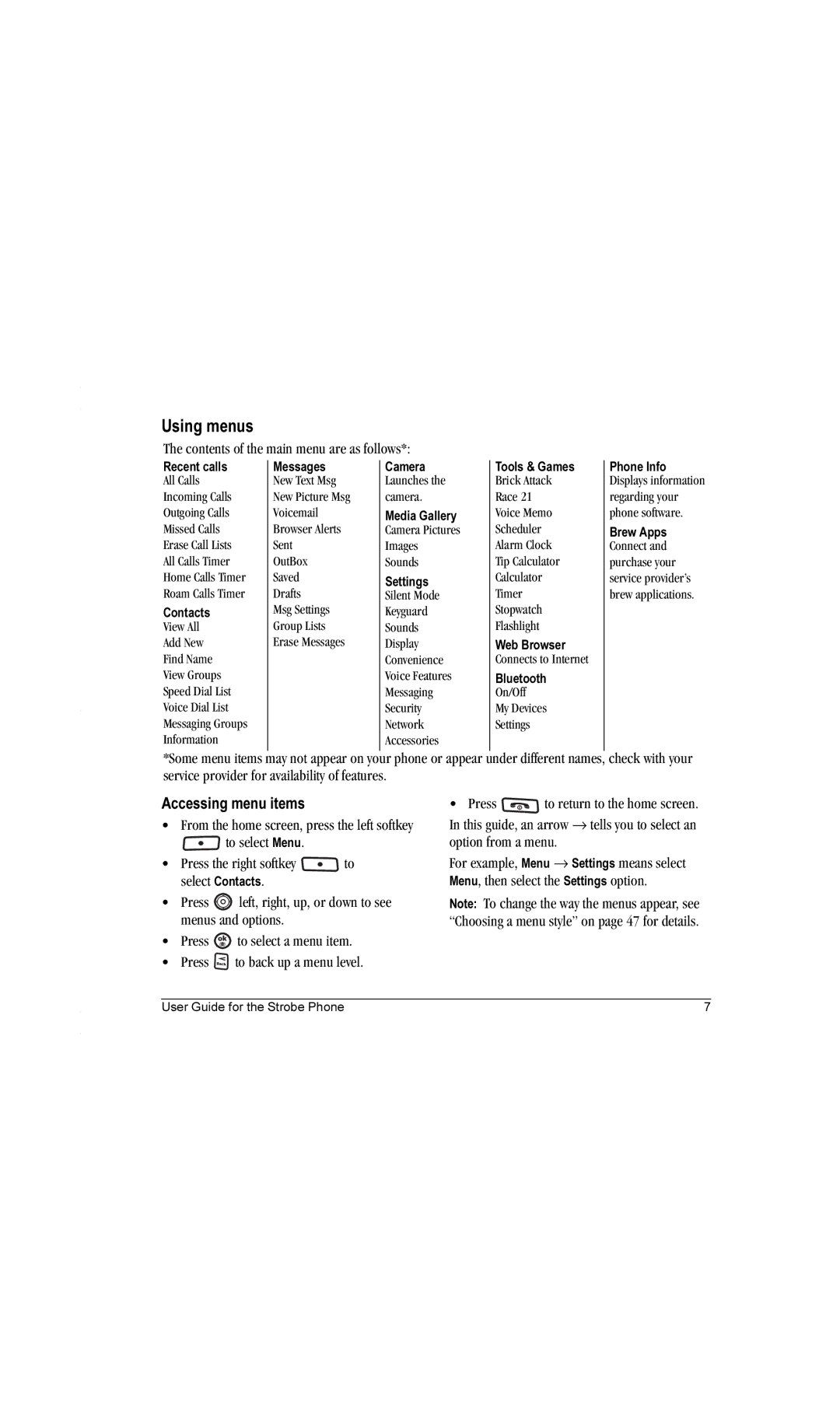 Kyocera K612b manual Using menus, Contents of the main menu are as follows 