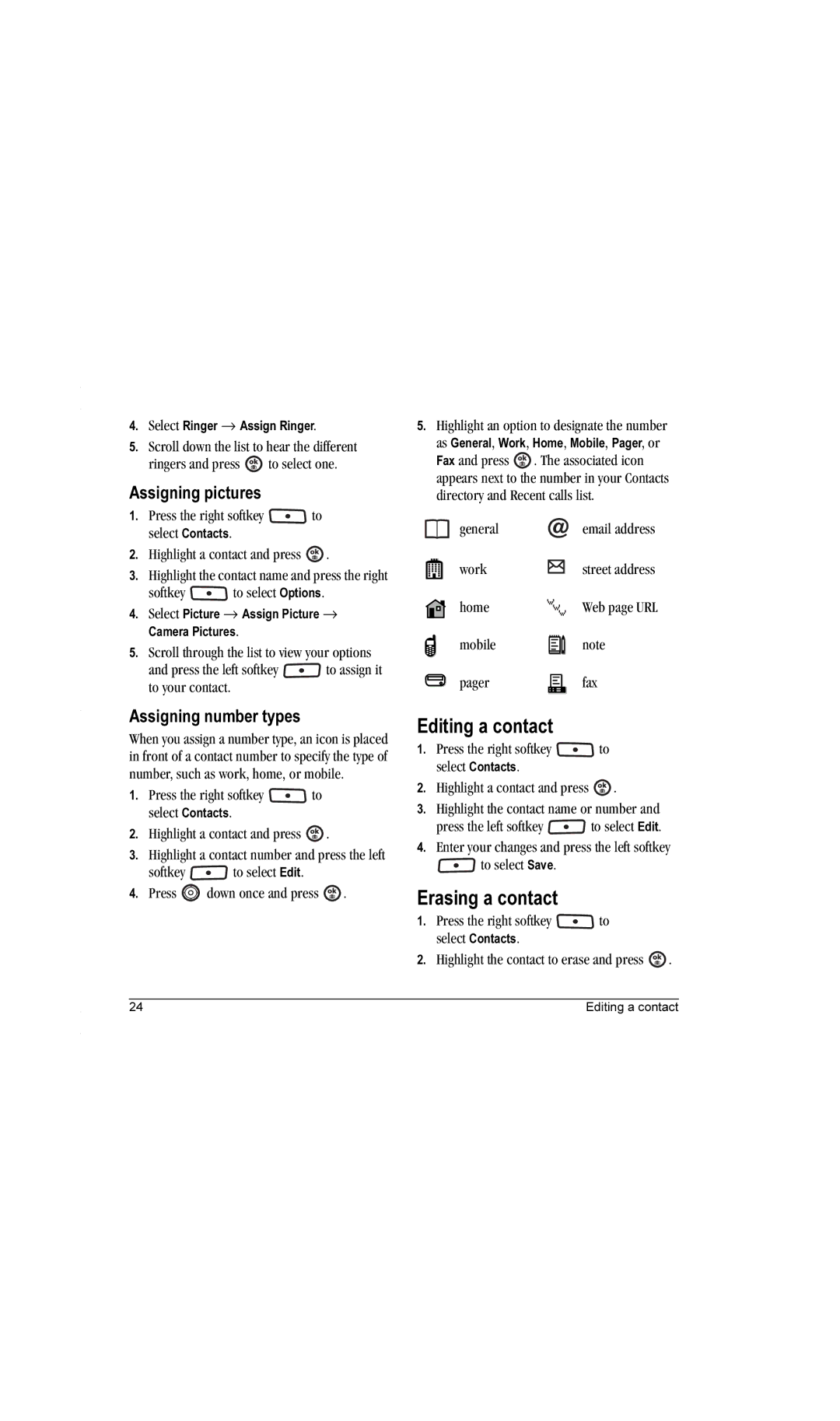 Kyocera K612b manual Editing a contact, Erasing a contact, Assigning pictures, Assigning number types 