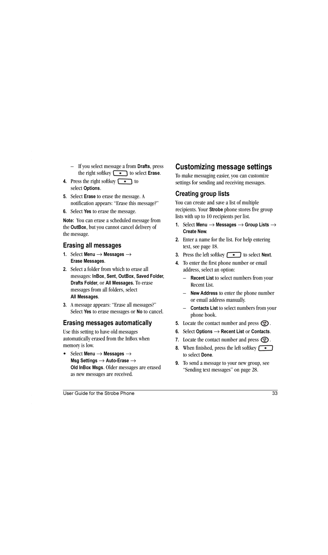 Kyocera K612b Customizing message settings, Erasing all messages, Erasing messages automatically, Creating group lists 