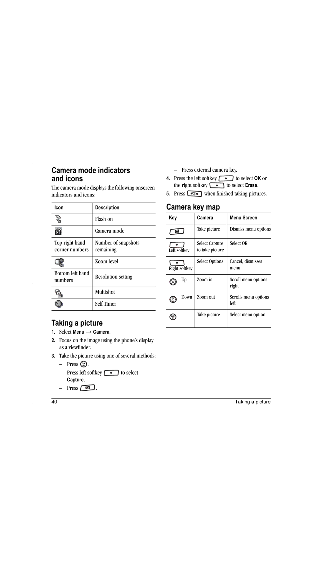 Kyocera K612b manual Camera mode indicators and icons, Taking a picture, Camera key map 