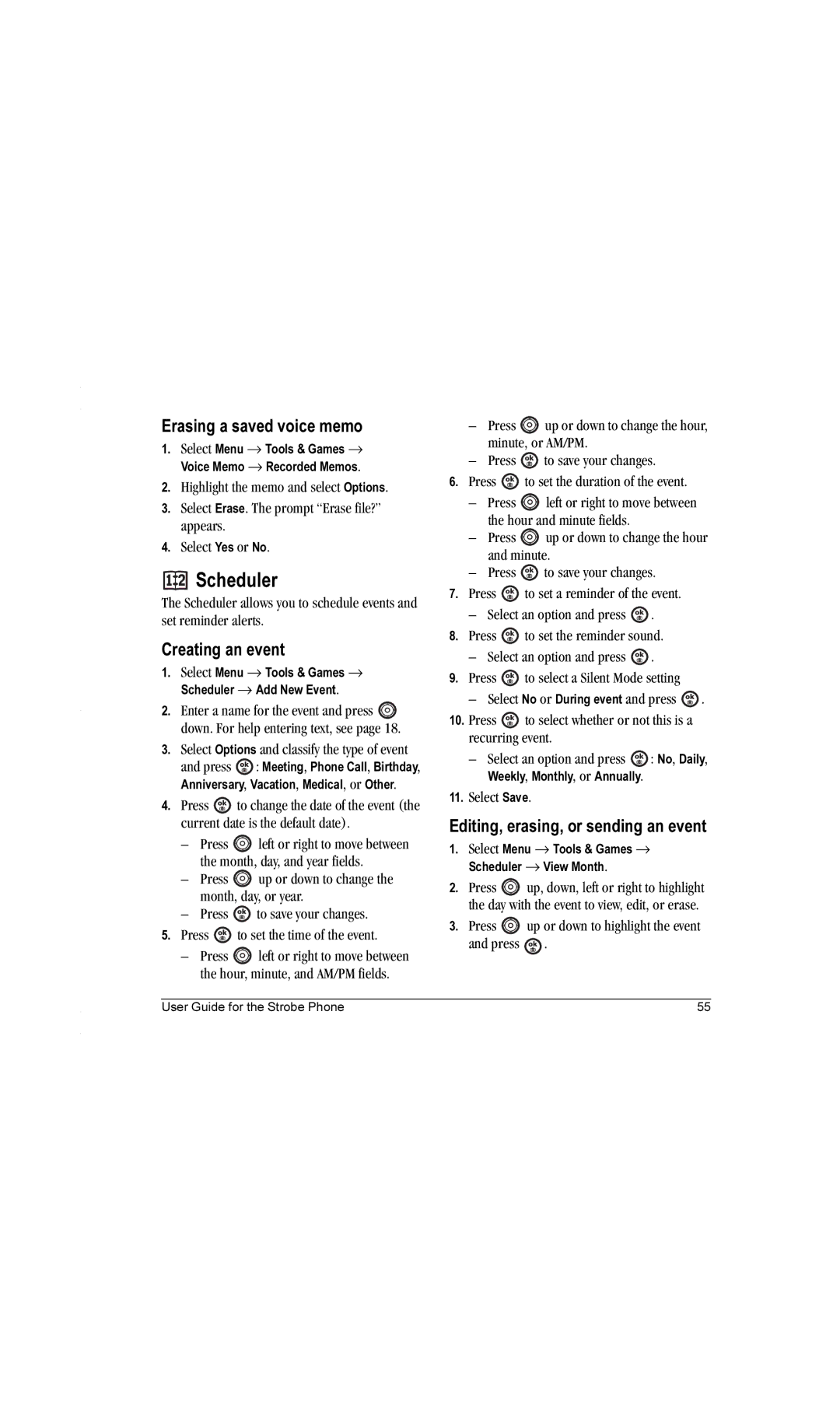 Kyocera K612b manual Scheduler, Erasing a saved voice memo, Creating an event, Editing, erasing, or sending an event 