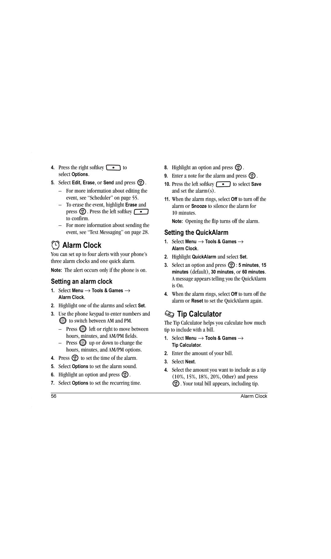 Kyocera K612b manual Alarm Clock, Tip Calculator, Setting an alarm clock, Setting the QuickAlarm 