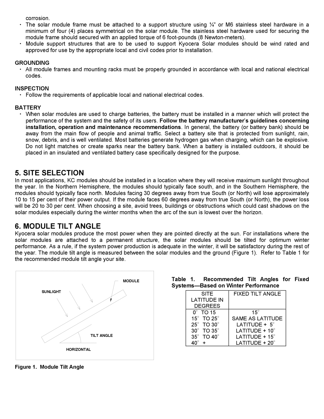 Kyocera KC-120-1 installation manual Site Selection, Module Tilt Angle, Grounding, Inspection, Battery 