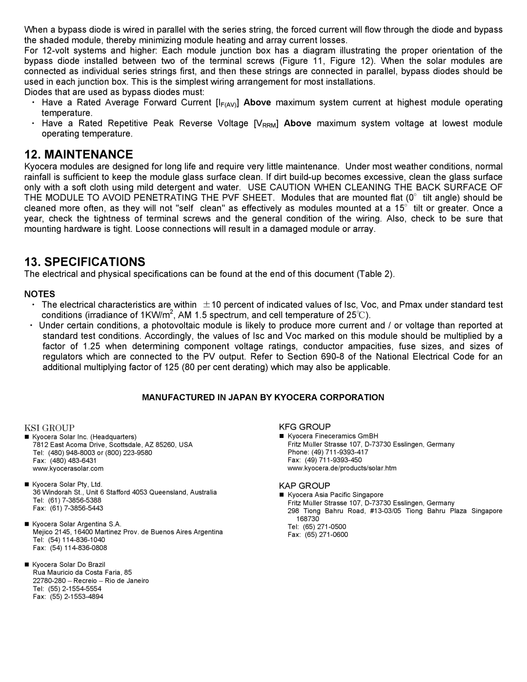 Kyocera KC-120-1 installation manual Maintenance, Specifications 