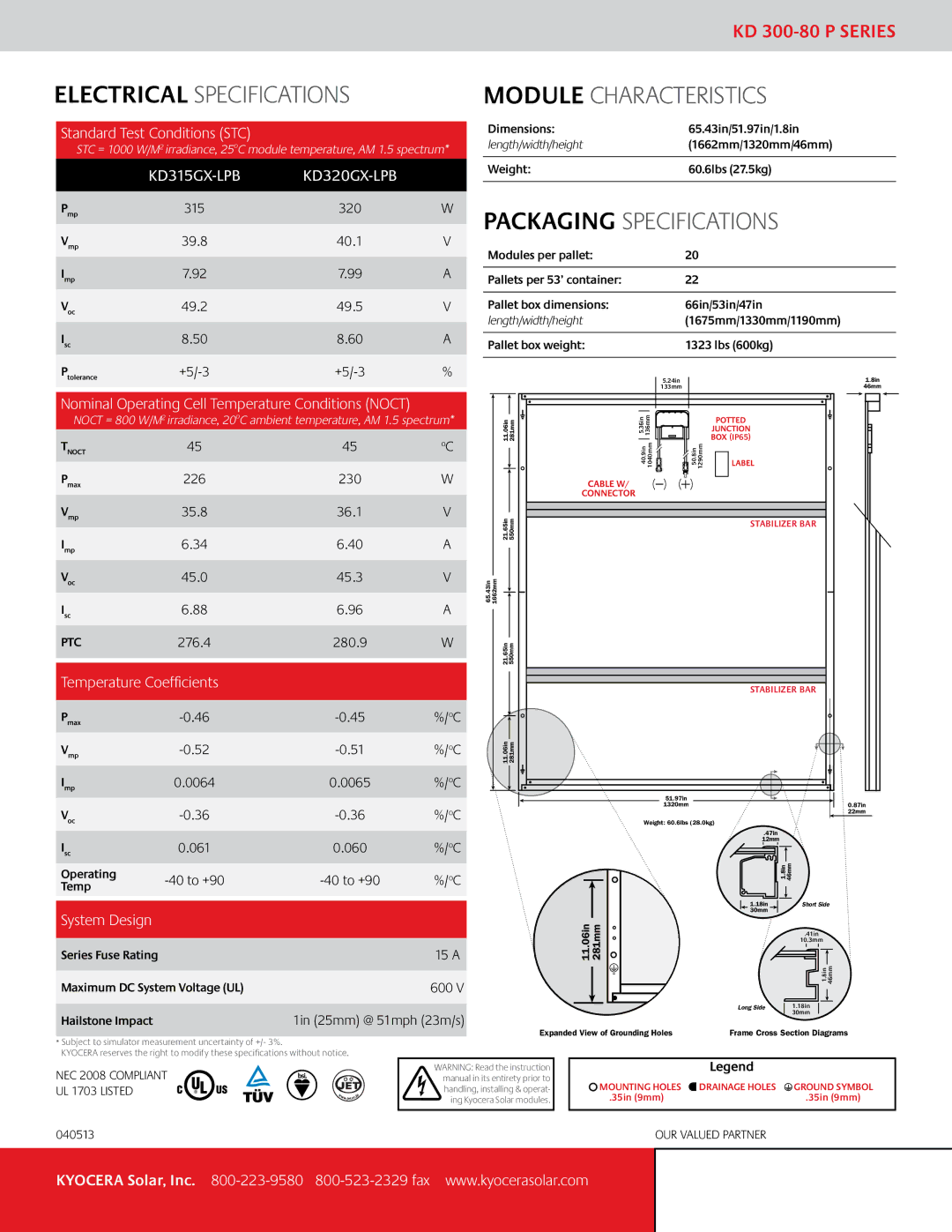 Kyocera KD 300-80 P Series Nominal Operating Cell Temperature Conditions Noct, Temperature Coefficients, System Design 