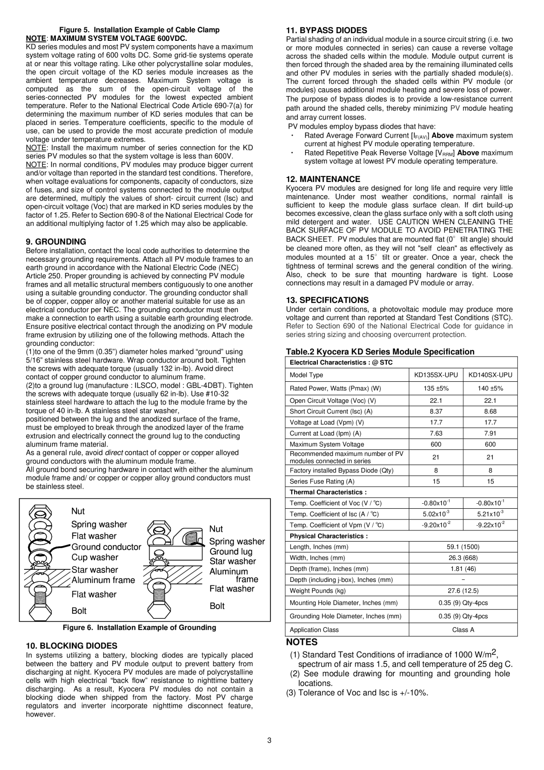 Kyocera KD140SX-UPU, KD135SX-UPU installation manual Grounding, Bypass Diodes, Maintenance, Specifications, Blocking Diodes 