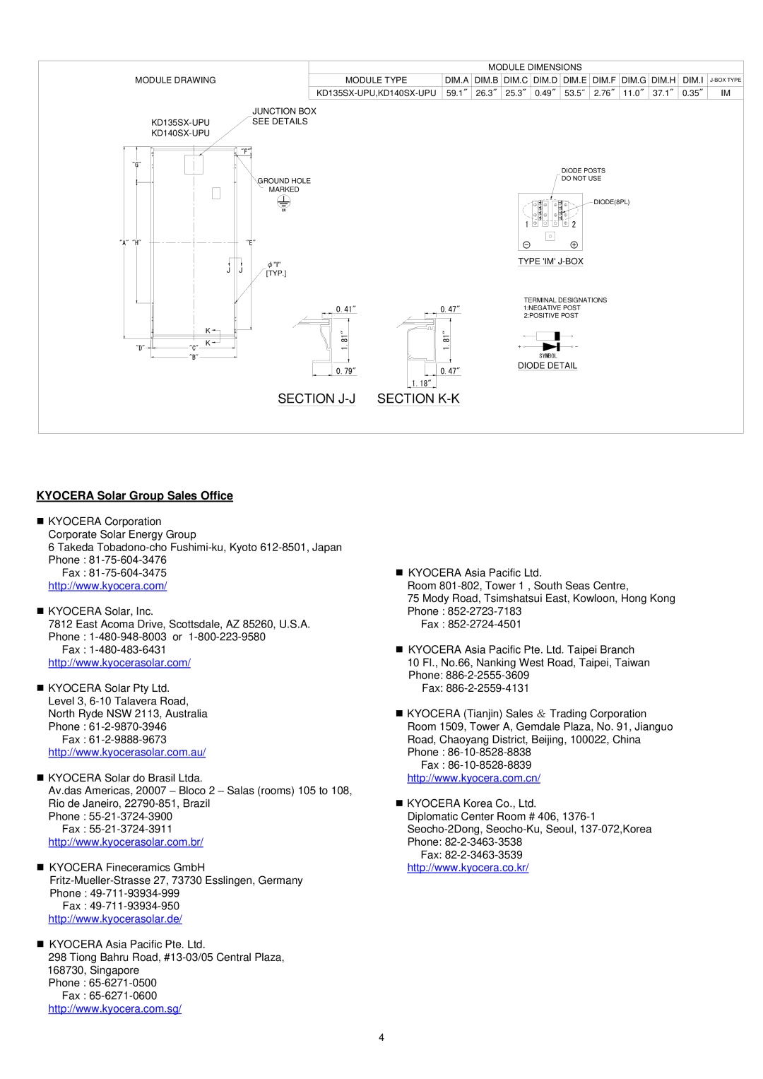 Kyocera KD135SX-UPU, KD140SX-UPU installation manual Section J-J Section K-K, Kyocera Solar Group Sales Office 