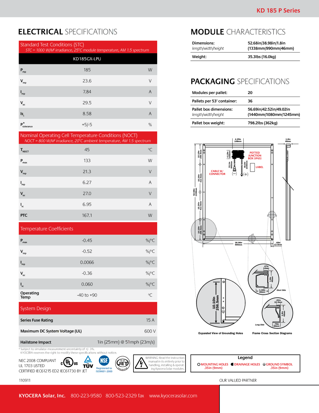 Kyocera KD185GX-LPU KD 185 P Series, Standard Test Conditions STC, Nominal Operating Cell Temperature Conditions Noct 