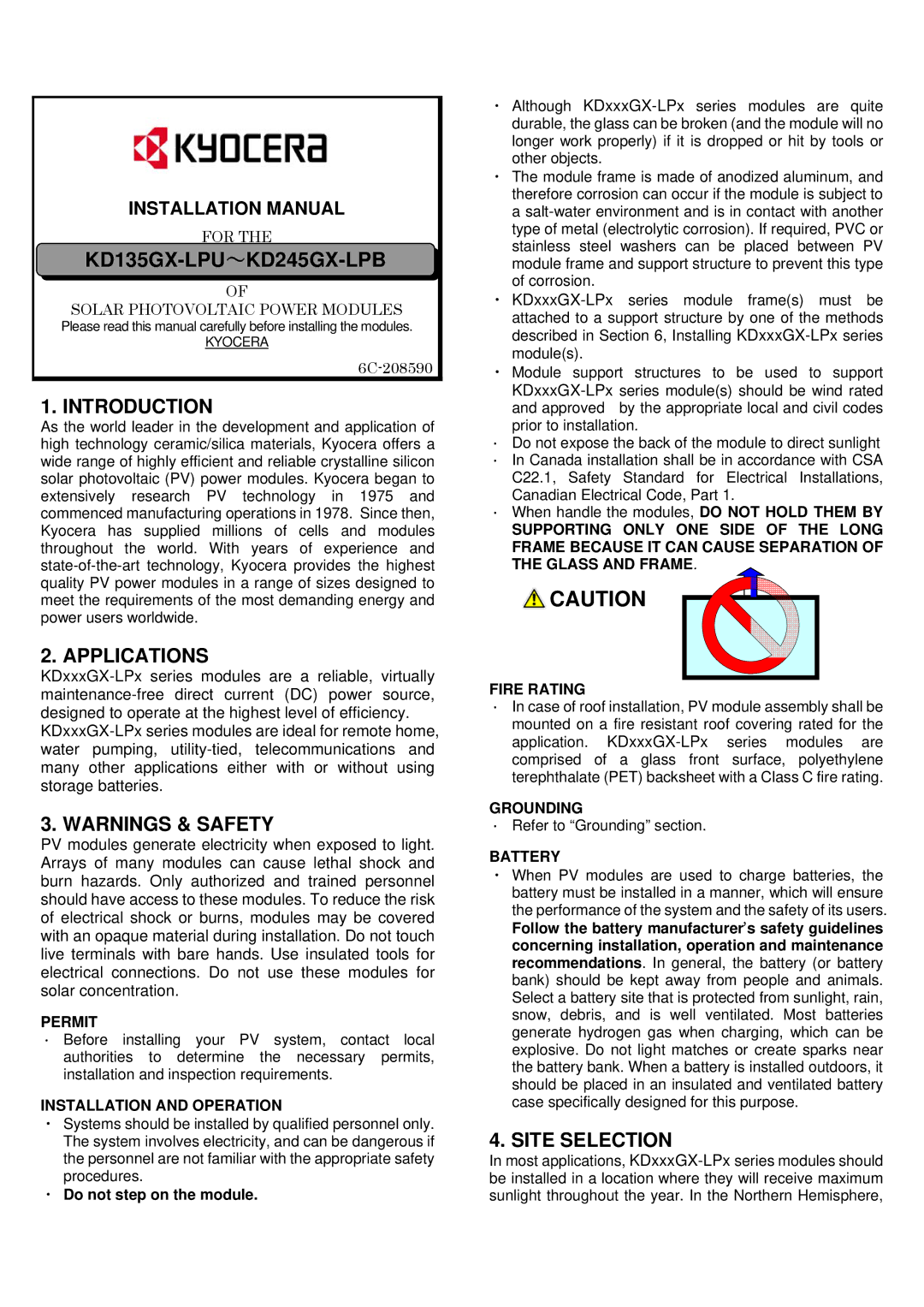 Kyocera KD135GX-LPU, KD245GX-LPB installation manual Introduction, Applications, Site Selection 