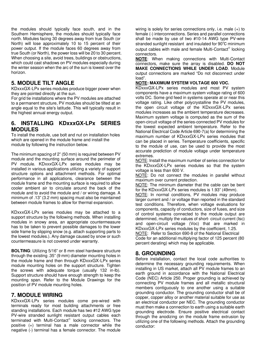 Kyocera KD245GX-LPB, KD135GX-LPU installation manual Module Tilt Angle, Module Wiring, Grounding 