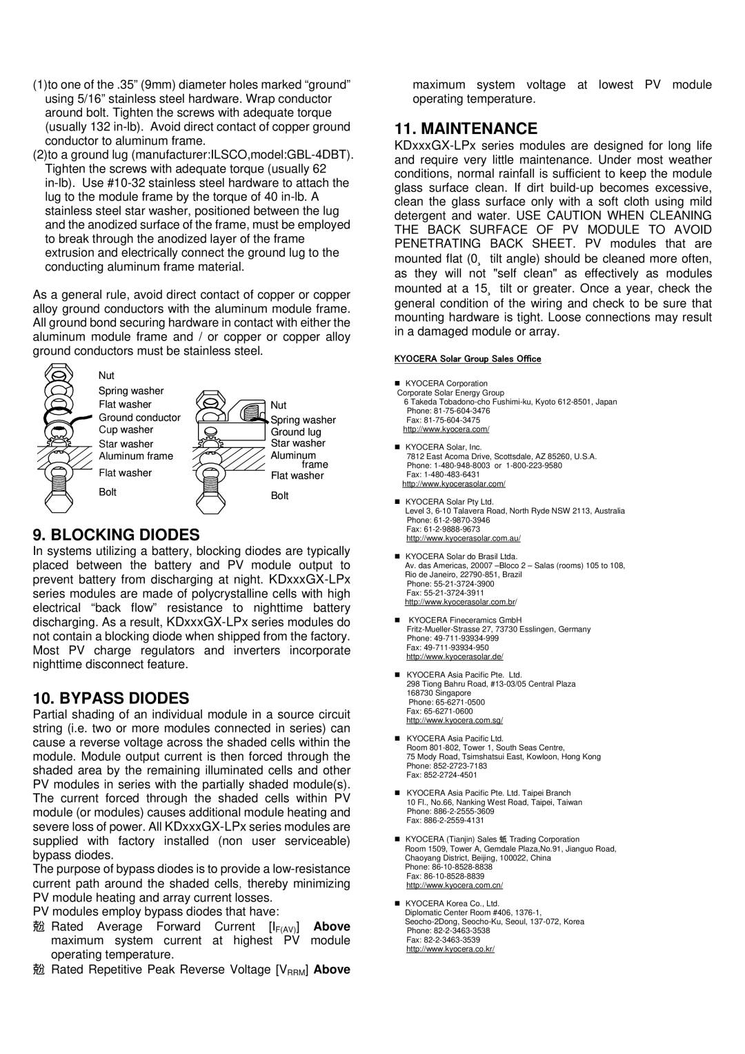 Kyocera KD135GX-LPU, KD245GX-LPB installation manual Maintenance, Blocking Diodes, Bypass Diodes 