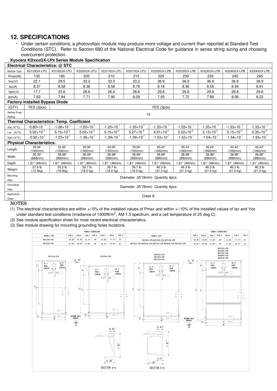 Kyocera KD245GX-LPB, KD135GX-LPU installation manual Specifications, Thermal Characteristics Temp. Coefficient 