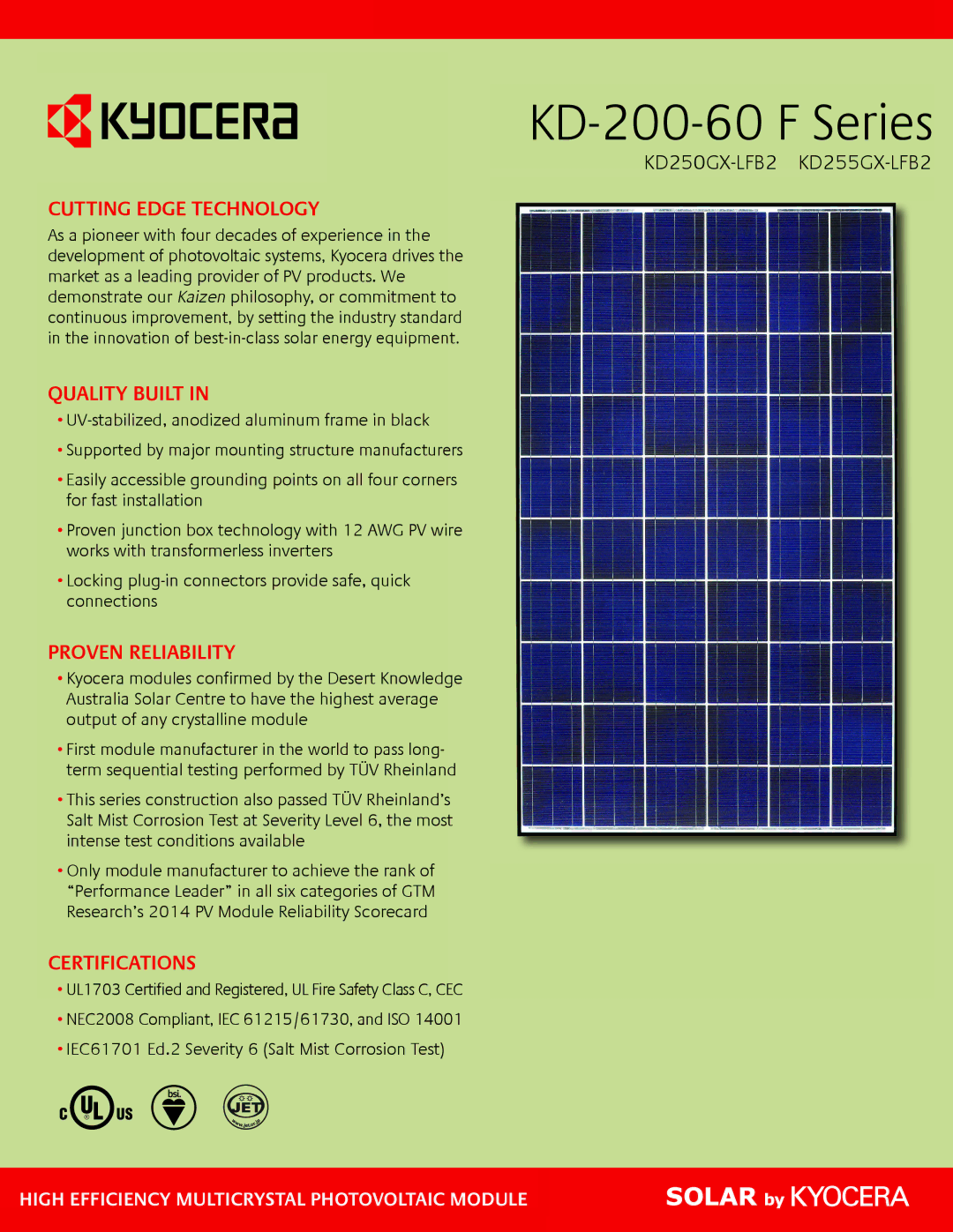 Kyocera KD250GX-LFB2, KD255GX-LFB2 manual Cutting Edge Technology, Quality Built, Certifications 