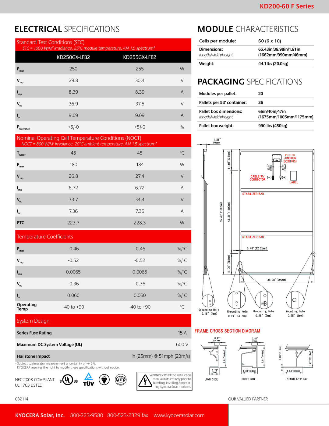 Kyocera KD255GX-LFB2 manual Standard Test Conditions STC, Nominal Operating Cell Temperature Conditions Noct, System Design 