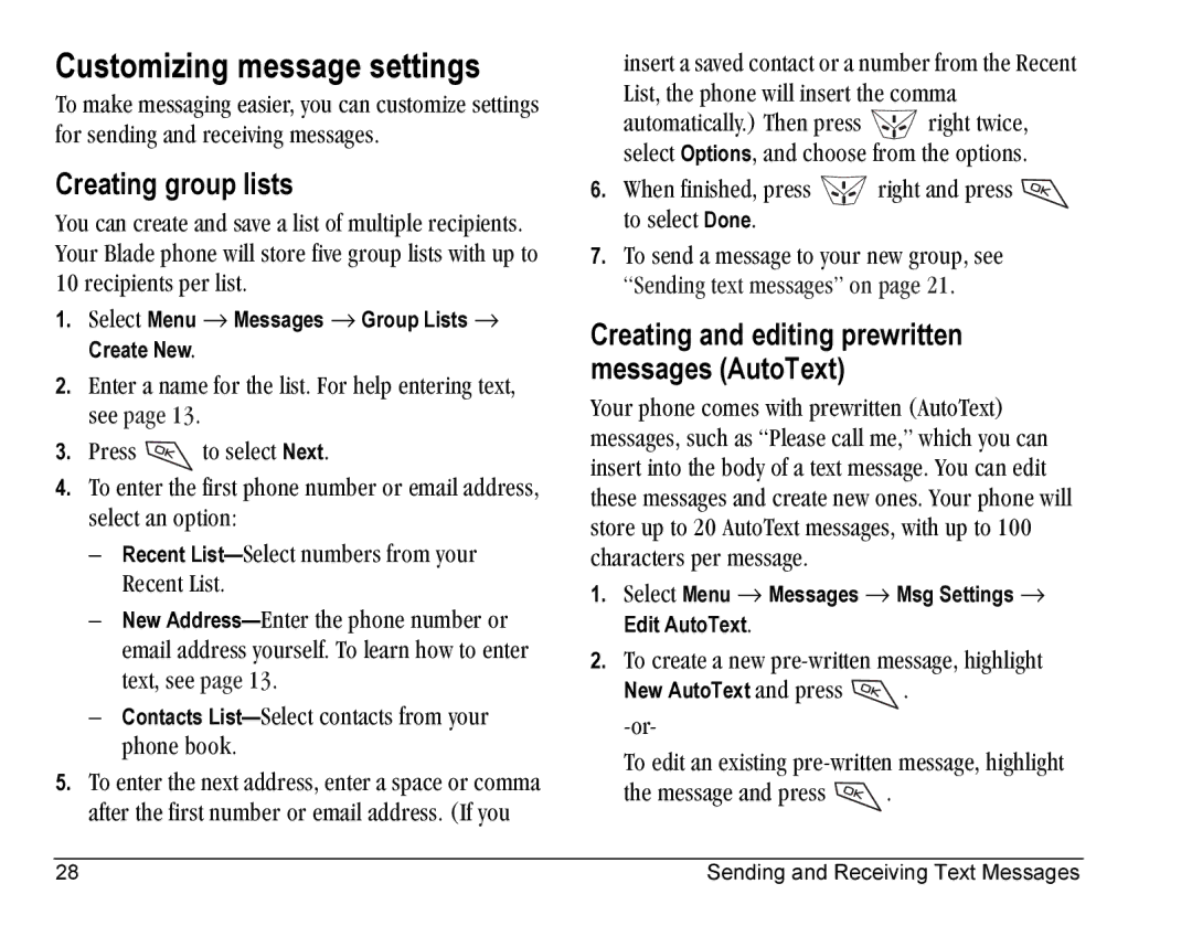 Kyocera KE423 manual Customizing message settings, Creating group lists 