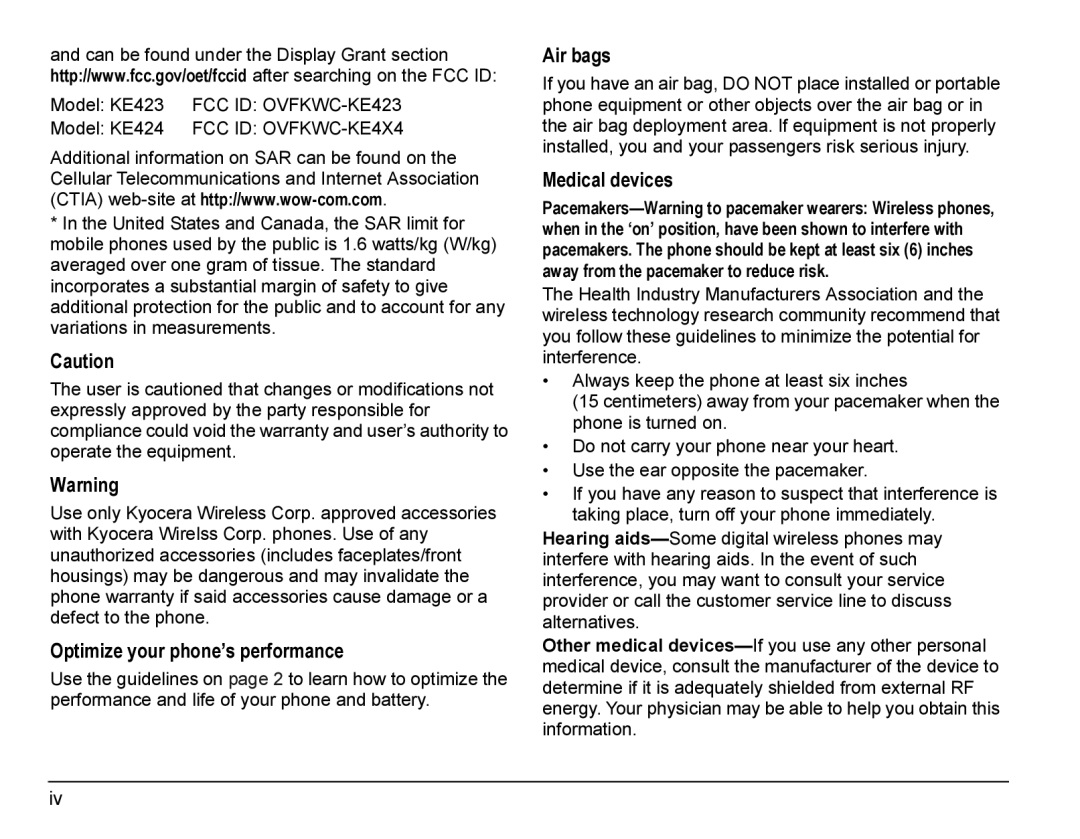Kyocera KE423 manual Optimize your phone’s performance, Air bags, Medical devices 