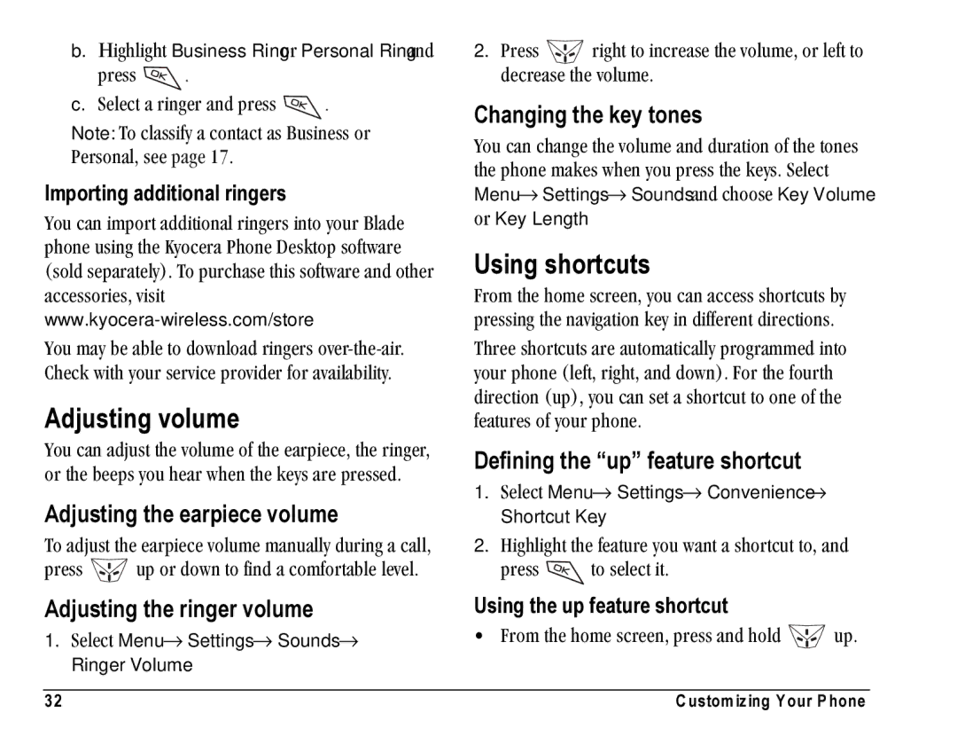 Kyocera KE423 manual Adjusting volume, Using shortcuts 