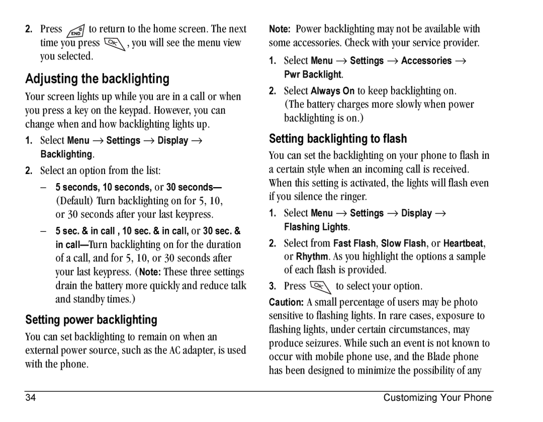 Kyocera KE423 manual Adjusting the backlighting, Setting power backlighting, Setting backlighting to flash 