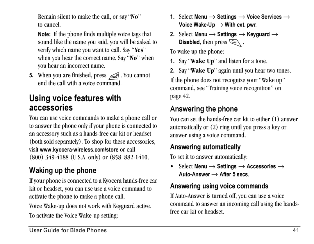 Kyocera KE423 Using voice features with accessories, Waking up the phone, Answering the phone, Answering automatically 