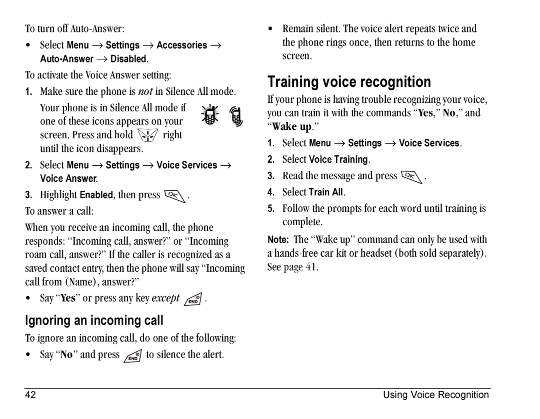 Kyocera KE423 manual Training voice recognition, Ignoring an incoming call 