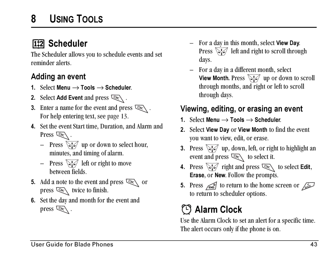 Kyocera KE423 manual Scheduler, Alarm Clock, Using Tools, Adding an event, Viewing, editing, or erasing an event 