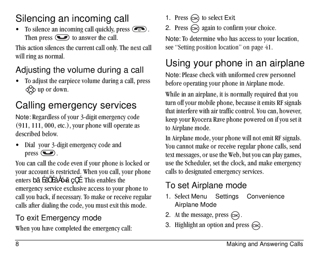 Kyocera KE433 manual Silencing an incoming call, Calling emergency services, Using your phone in an airplane 