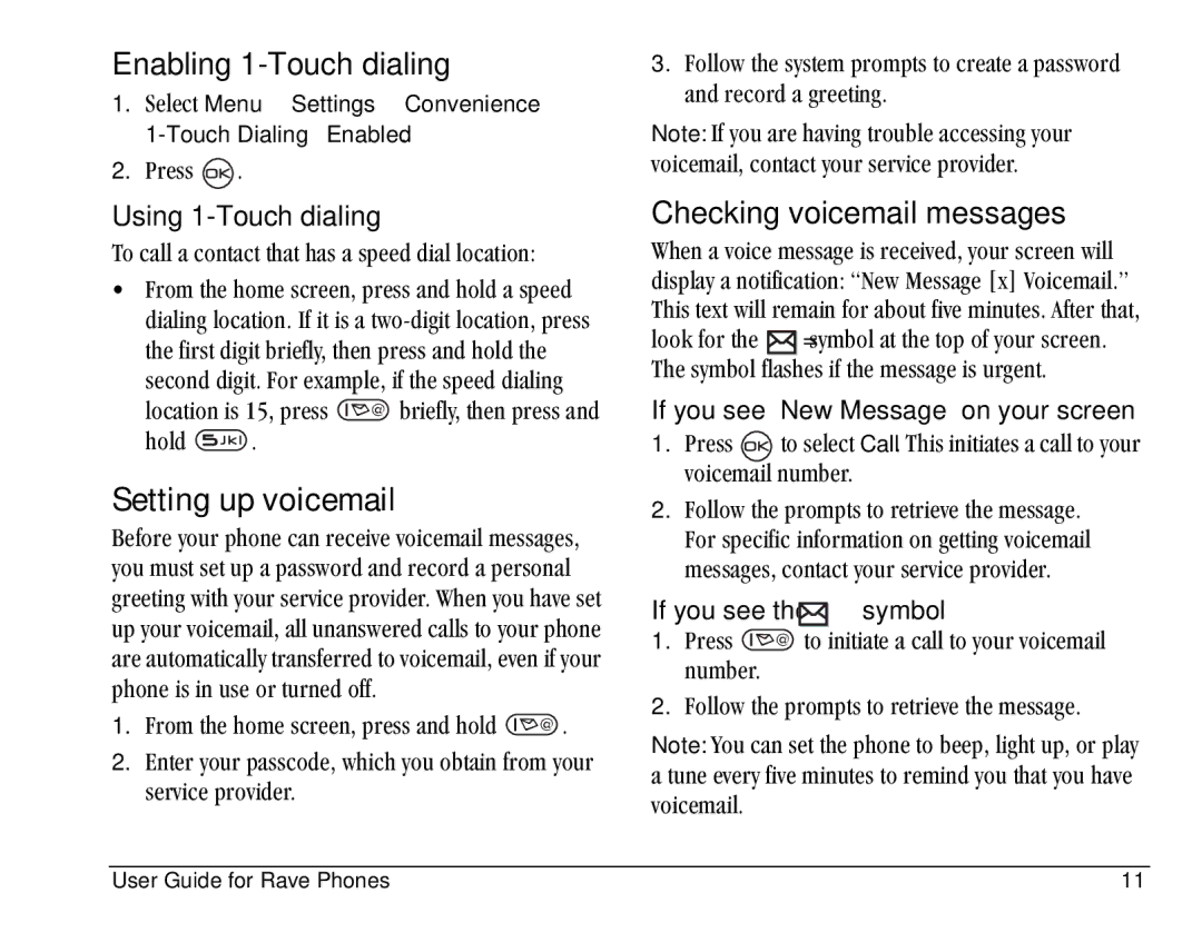 Kyocera KE433 manual Setting up voicemail, Enabling 1-Touch dialing, Checking voicemail messages, Using 1-Touch dialing 