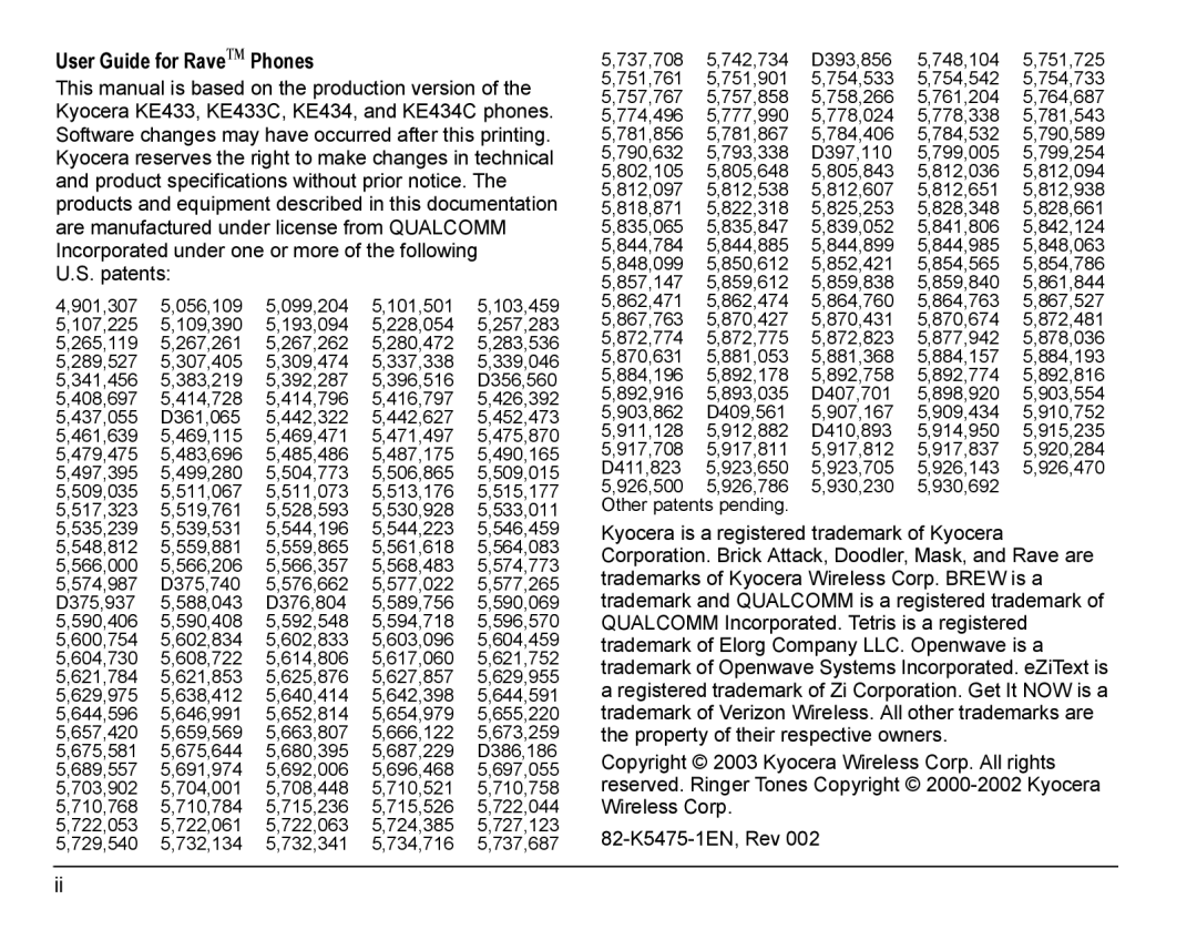 Kyocera KE433 manual User Guide for Raveqj Phones, Patents 