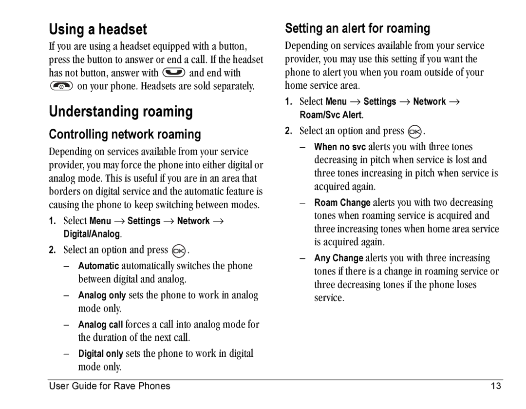 Kyocera KE433 manual Using a headset, Understanding roaming, Controlling network roaming, Setting an alert for roaming 