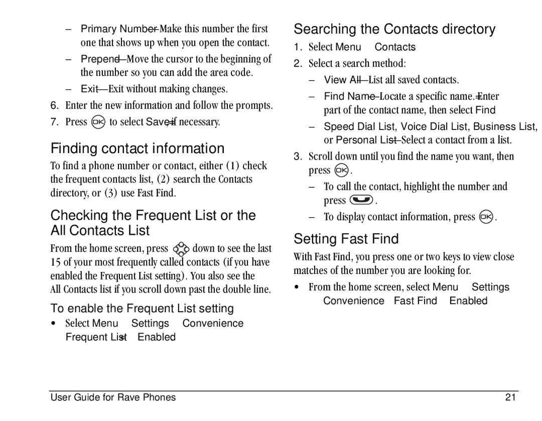 Kyocera KE433 manual Finding contact information, Checking the Frequent List or the All Contacts List, Setting Fast Find 