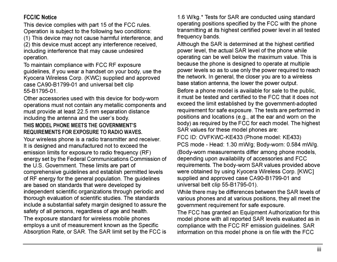 Kyocera manual FCC/IC Notice, FCC ID OVFKWC-KE433 Phone model KE433, Iii 