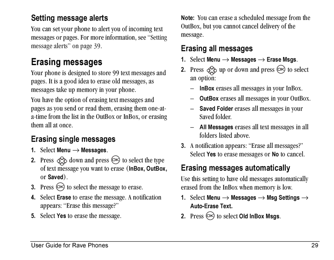 Kyocera KE433 manual Erasing messages, Setting message alerts, Erasing single messages, Erasing all messages 