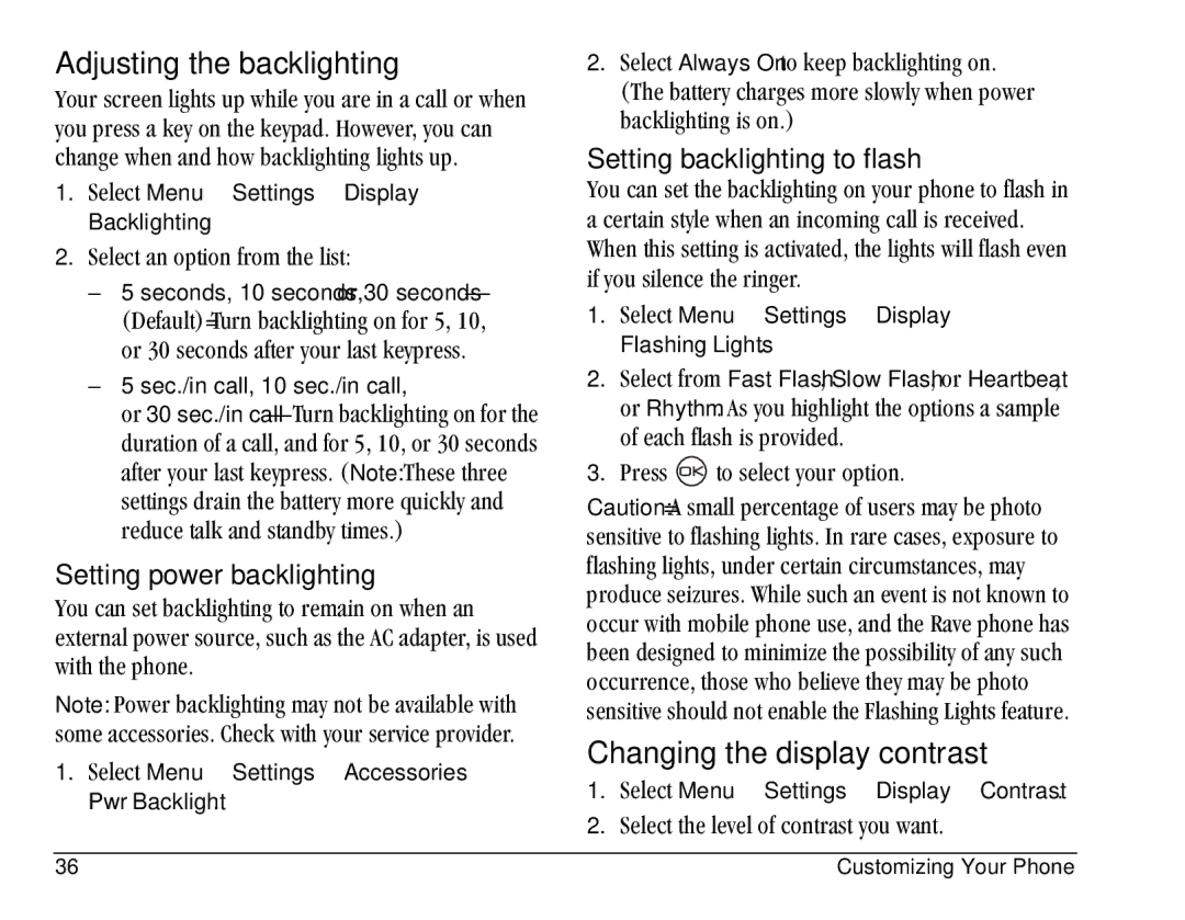 Kyocera KE433 manual Adjusting the backlighting, Changing the display contrast, Setting power backlighting 