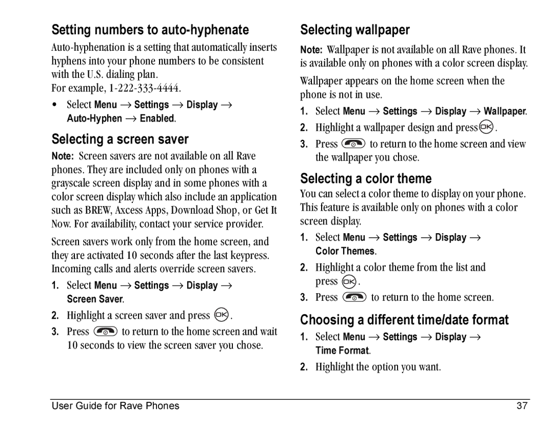 Kyocera KE433 Setting numbers to auto-hyphenate, Selecting a screen saver, Selecting wallpaper, Selecting a color theme 