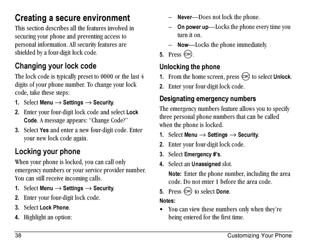 Kyocera KE433 manual Creating a secure environment, Changing your lock code, Locking your phone, Unlocking the phone 