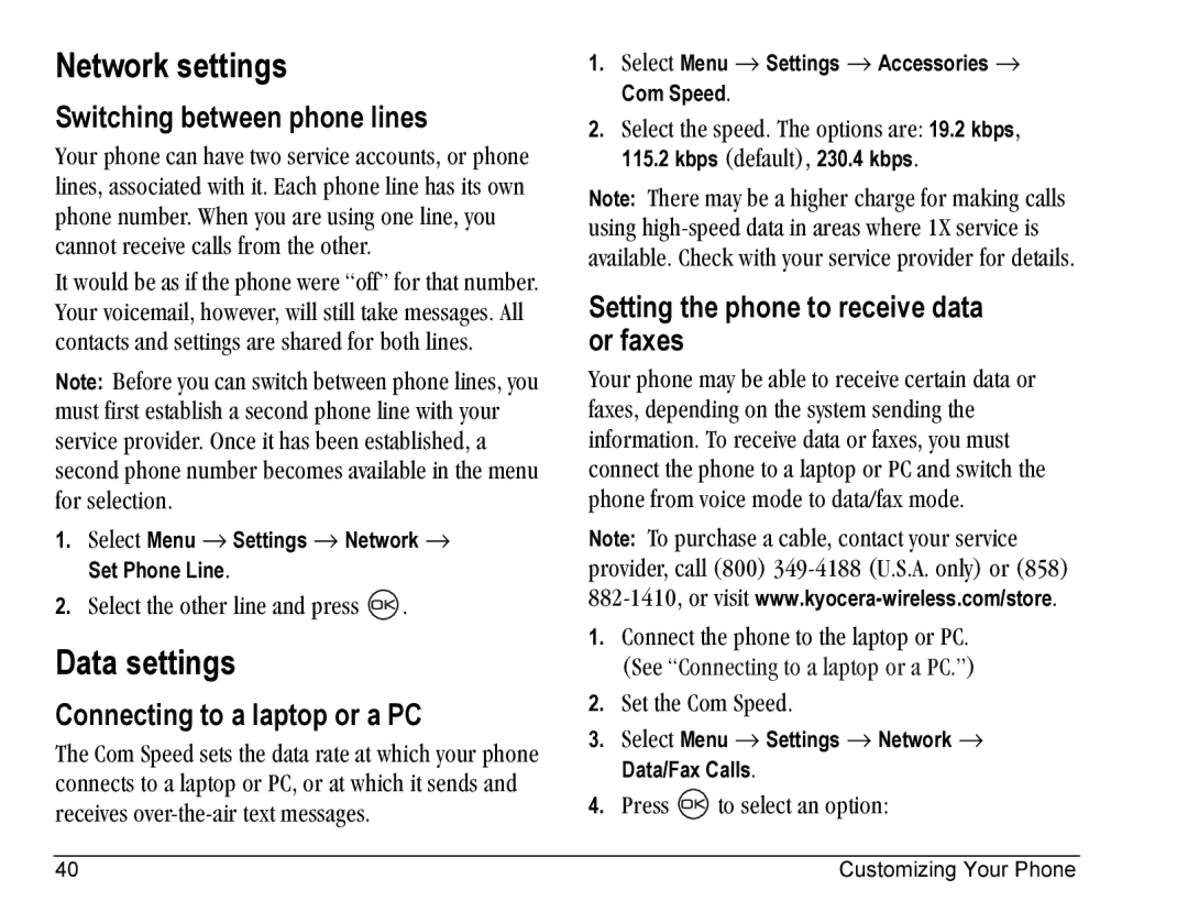 Kyocera KE433 manual Network settings, Data settings, Switching between phone lines, Connecting to a laptop or a PC 