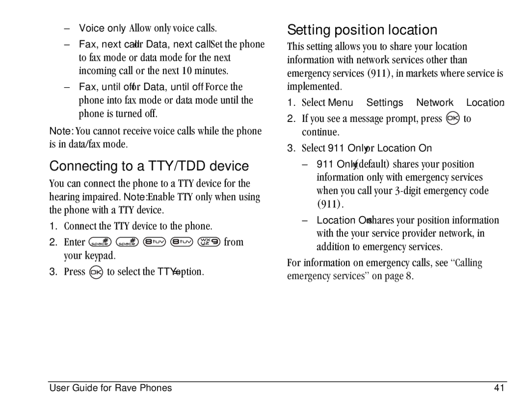 Kyocera KE433 Setting position location, Connecting to a TTY/TDD device, Voice only-ääçï=çåäó=îçáÅÉ=Å~ääëK, ÁãéäÉãÉåíÉÇK 