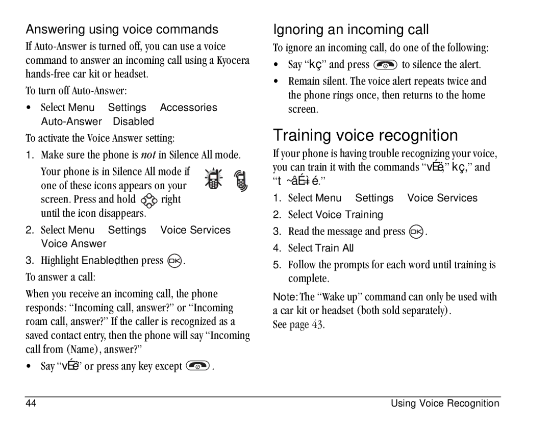 Kyocera KE433 manual Training voice recognition, Ignoring an incoming call, Answering using voice commands 