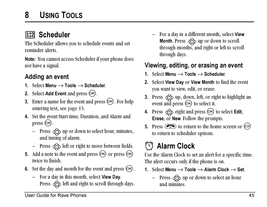 Kyocera KE433 manual Scheduler, Alarm Clock, Using Tools, Adding an event, Viewing, editing, or erasing an event 