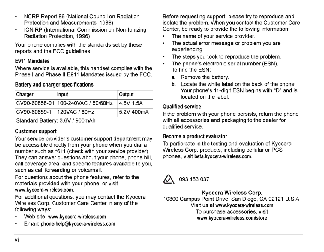 Kyocera KE433 manual Battery and charger specifications Charger Input Output, CV90-60858-01 