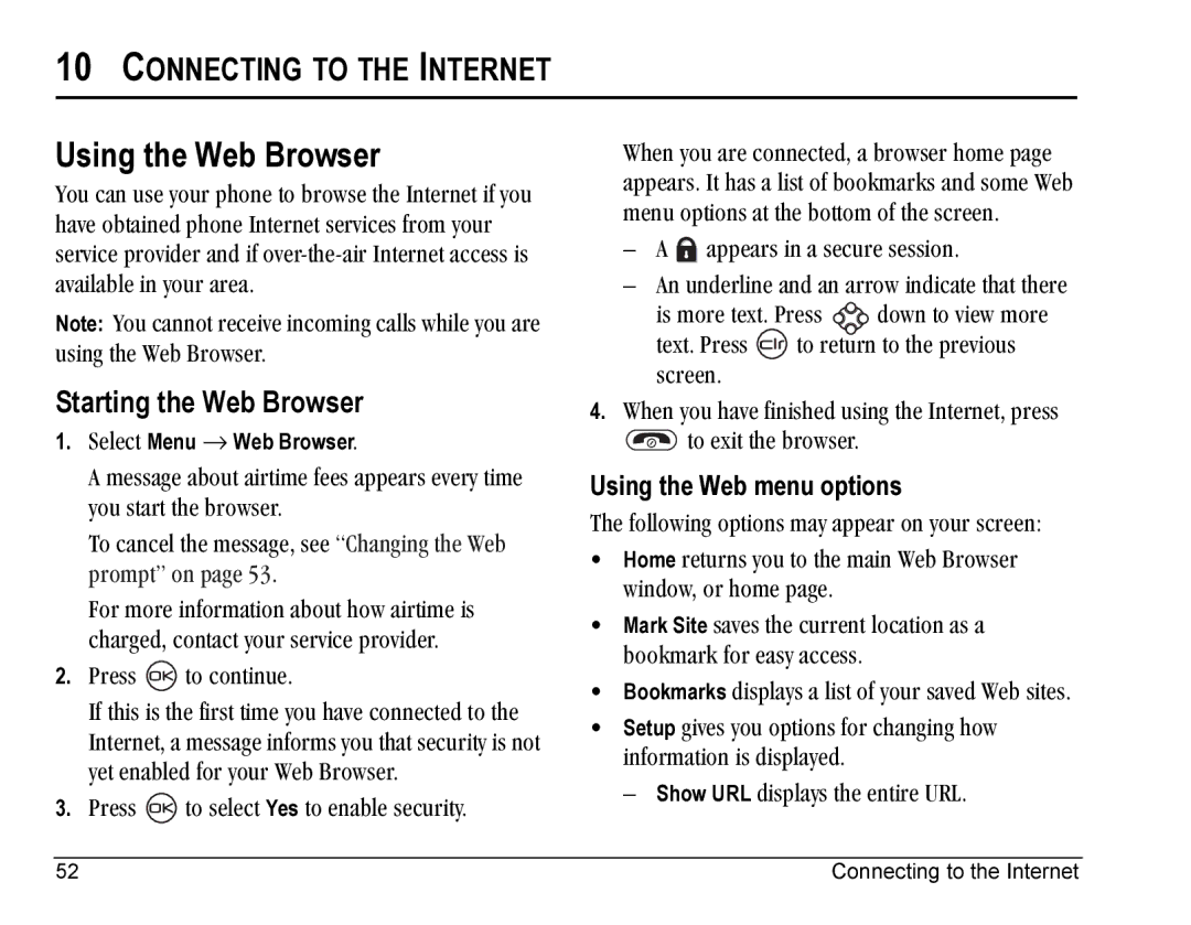 Kyocera KE433 Using the Web Browser, Connecting to the Internet, Starting the Web Browser, Using the Web menu options 