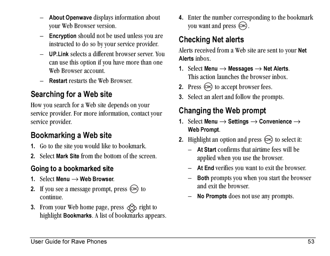 Kyocera KE433 manual Searching for a Web site, Bookmarking a Web site, Checking Net alerts, Changing the Web prompt 