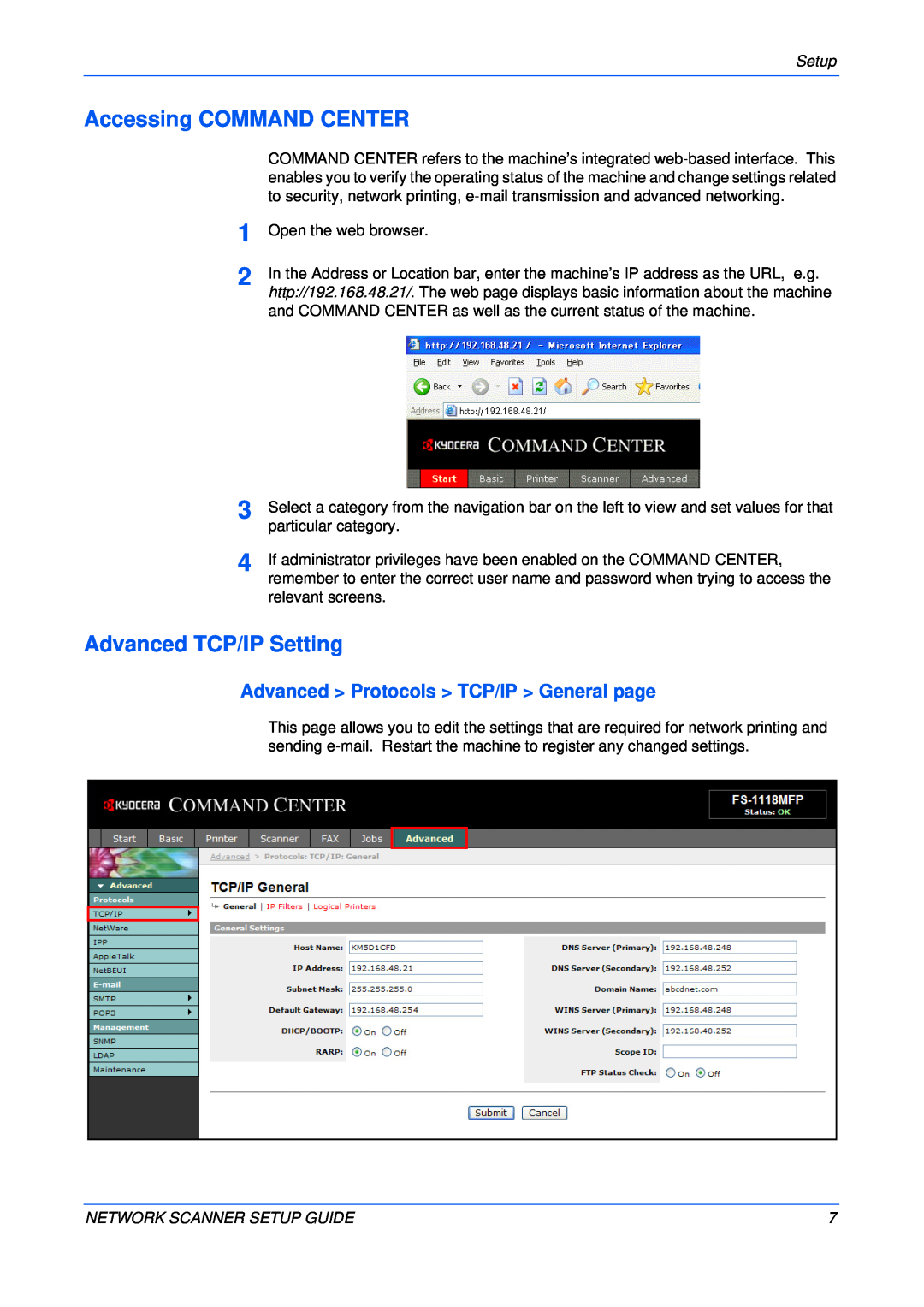 Kyocera FS-1118MFP, KM-1820 Accessing COMMAND CENTER, Advanced TCP/IP Setting, Advanced Protocols TCP/IP General page 