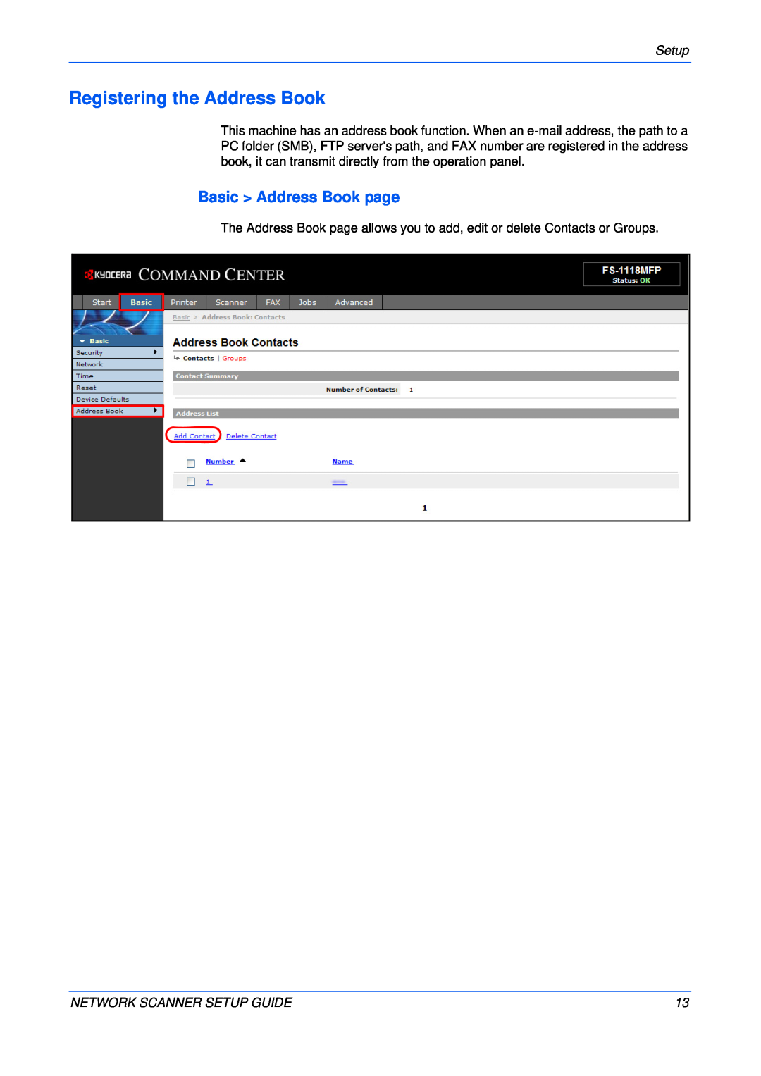Kyocera FS-1118MFP, KM-1820 setup guide Registering the Address Book, Basic Address Book page 
